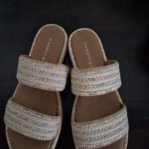Madden Girl Tan Braided Slide Sandals with Silver Accents